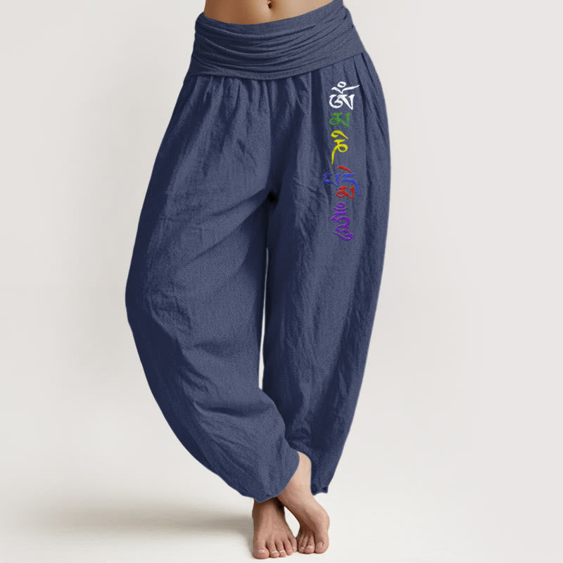 Buddha Stones Pure Cotton Om Symbol Tibetan Script Pattern Women's Elastic Waist Harem Pants - DarkSlateBlue - US16，UK/AU20，EU48 (3XL) - image 5