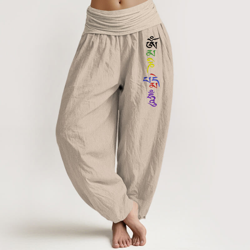 Buddha Stones Pure Cotton Om Symbol Tibetan Script Pattern Women's Elastic Waist Harem Pants - Tan - US16，UK/AU20，EU48 (3XL) - image 11