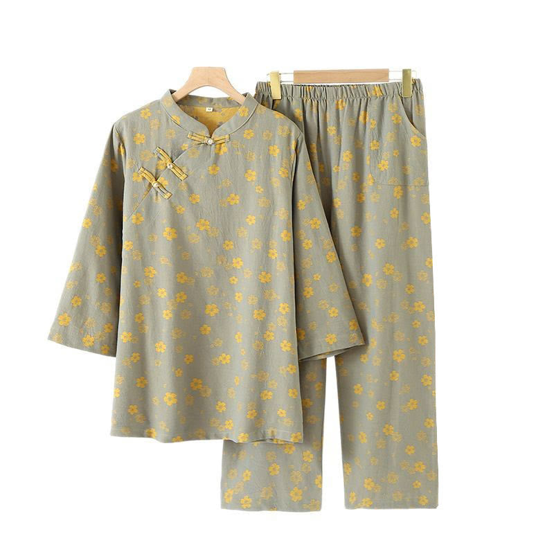Buddha Stones 2pcs Colorful Floral Long Sleeve Frog-Button Shirt Pants With Pockets Pure Cotton Set  - image 4