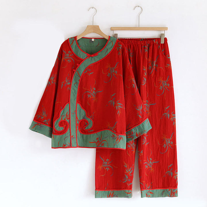 Buddha Stones 2pcs Patchwork Long Sleeve Frog-Button Shirt Pants With Pockets Pure Cotton Set  - Red Orchid Pattern - US6，UK/AU10，EU38 (XL) - image 0