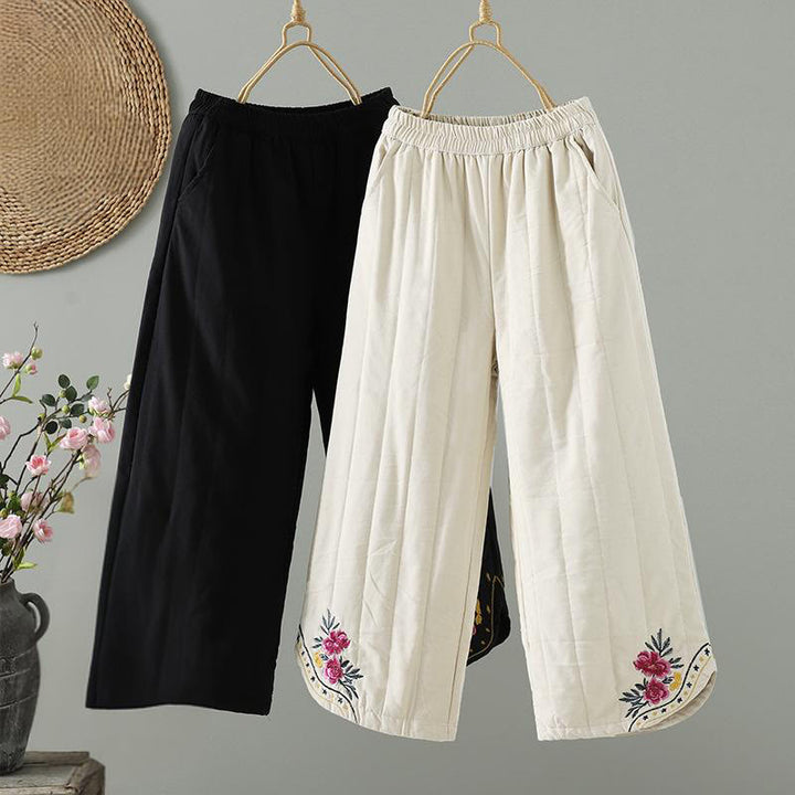 Buddha Stones Women's Ethnic Embroidery Flower Thermal Cotton Pants With Pockets - image 0