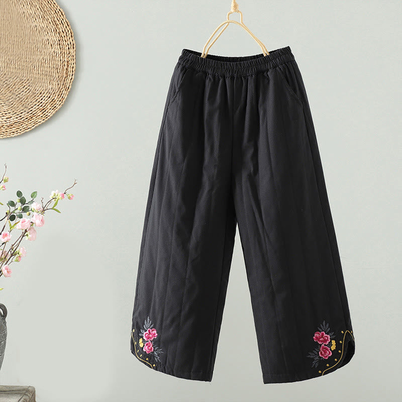 Buddha Stones Women's Ethnic Embroidery Flower Thermal Cotton Pants With Pockets - Black - US8-10，UK/AU12-14，EU40-42 (2XL) - image 10