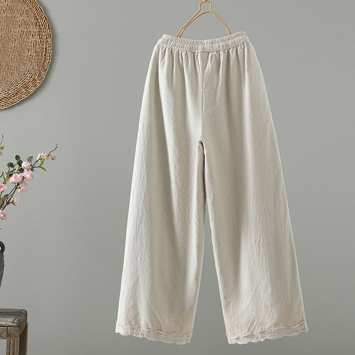 Buddha Stones Women's Pure Color Lace Patchwork Drawstring Thermal Cotton Pants With Pockets - image 15