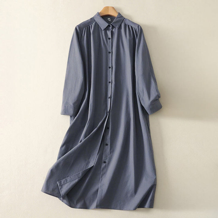 Buddha Stones Fall Solid Color Lapel Buttons Long Sleeve Cotton Midi Dress With Pockets - LightSteelBlue - US12，UK/AU16，EU44 (2XL) - image 16