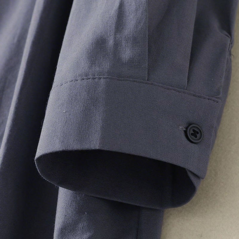 Buddha Stones Fall Solid Color Lapel Buttons Long Sleeve Cotton Midi Dress With Pockets - image 18