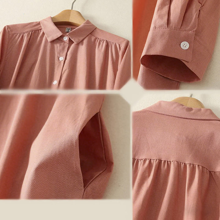 Buddha Stones Fall Solid Color Lapel Buttons Long Sleeve Cotton Midi Dress With Pockets - image 9