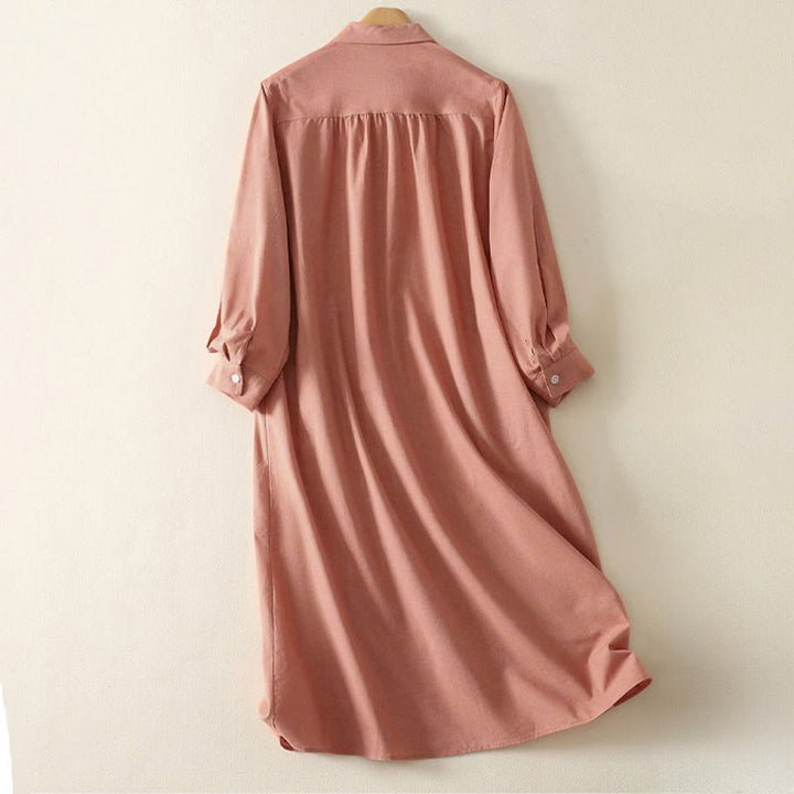 Buddha Stones Fall Solid Color Lapel Buttons Long Sleeve Cotton Midi Dress With Pockets - image 2
