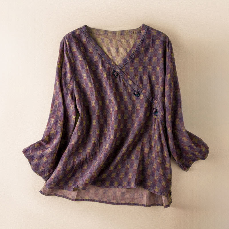 Buddha Stones Spring V-Neck Printed Floral Pattern Women's Long Sleeve Shirt - DarkMagenta - US8-10，UK/AU12-14，EU40-42 (2XL) - image 0