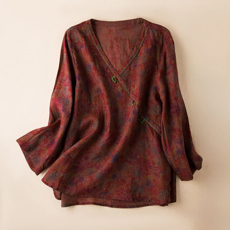 Buddha Stones Spring V-Neck Printed Floral Pattern Women's Long Sleeve Shirt - FireBrick - US8-10，UK/AU12-14，EU40-42 (2XL) - image 19