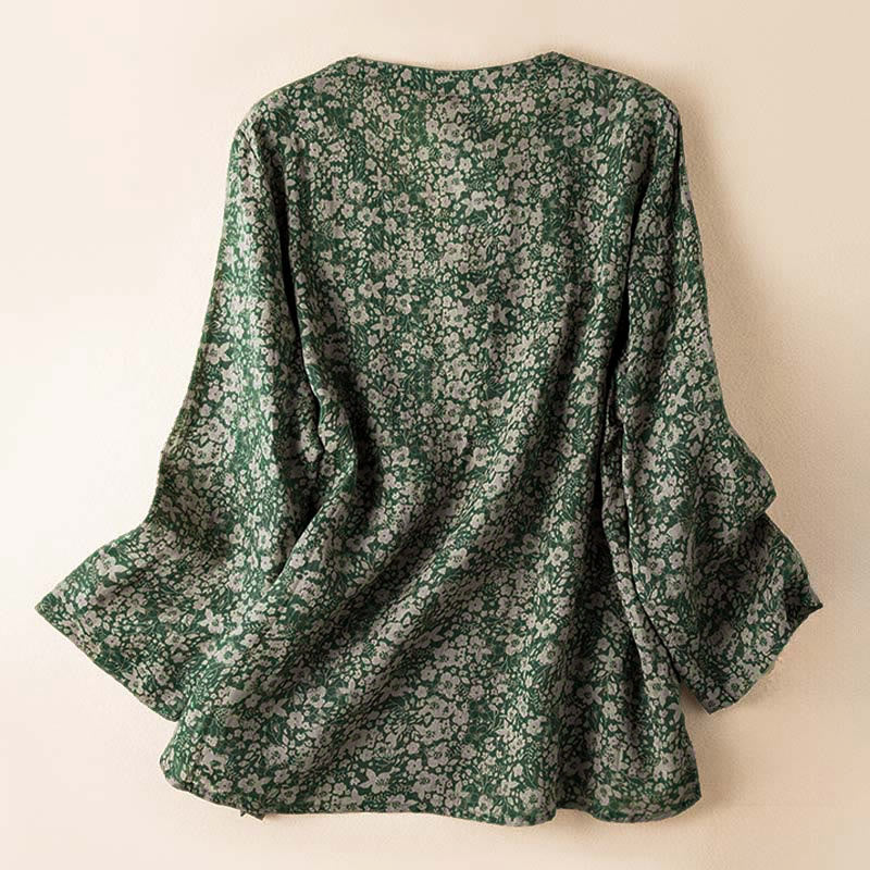 Buddha Stones Spring V-Neck Printed Floral Pattern Women's Long Sleeve Shirt - image 1