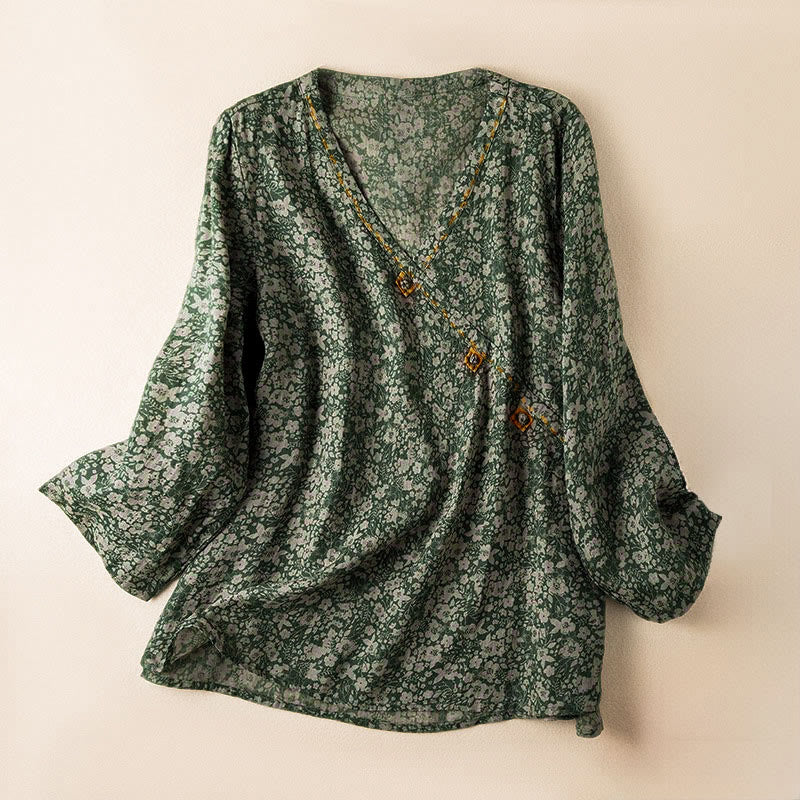 Buddha Stones Spring V-Neck Printed Floral Pattern Women's Long Sleeve Shirt - SeaGreen - US8-10，UK/AU12-14，EU40-42 (2XL) - image 0