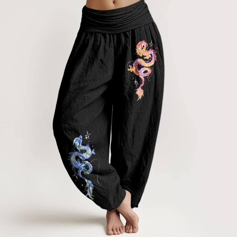 Buddha Stones Pure Cotton Striking Dragon Pattern Women's Elastic Waist Harem Pants - Black - US16，UK/AU20，EU48 (3XL) - image 0
