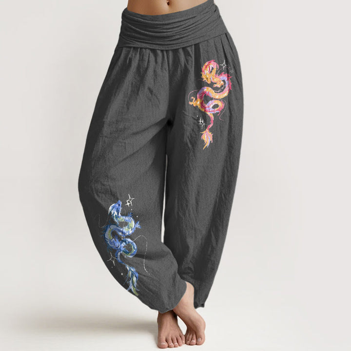 Buddha Stones Pure Cotton Striking Dragon Pattern Women's Elastic Waist Harem Pants - DimGray - US16，UK/AU20，EU48 (3XL) - image 8