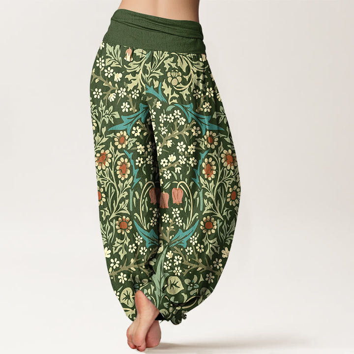Buddha Stones Pure Cotton Retro Flowers Leaves Pattern Women's Elastic Waist Harem Pants - image 1