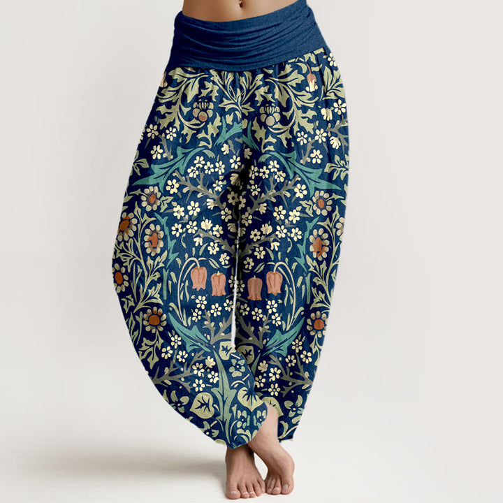 Buddha Stones Pure Cotton Retro Flowers Leaves Pattern Women's Elastic Waist Harem Pants - Navy - US16，UK/AU20，EU48 (3XL) - image 5