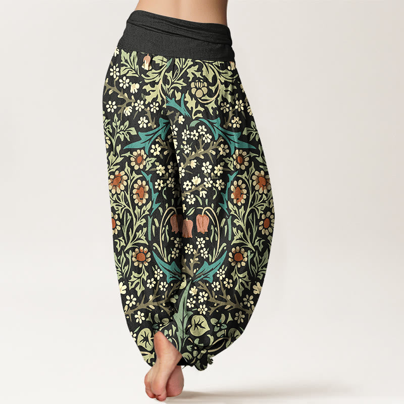 Buddha Stones Pure Cotton Retro Flowers Leaves Pattern Women's Elastic Waist Harem Pants - image 9