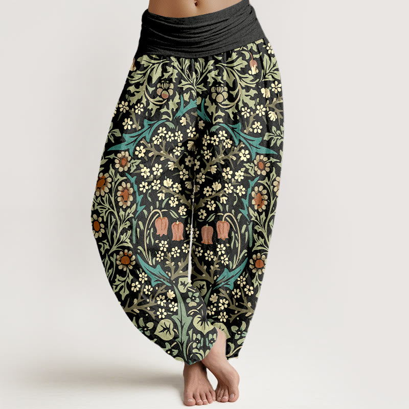 Buddha Stones Pure Cotton Retro Flowers Leaves Pattern Women's Elastic Waist Harem Pants - Black - US16，UK/AU20，EU48 (3XL) - image 8