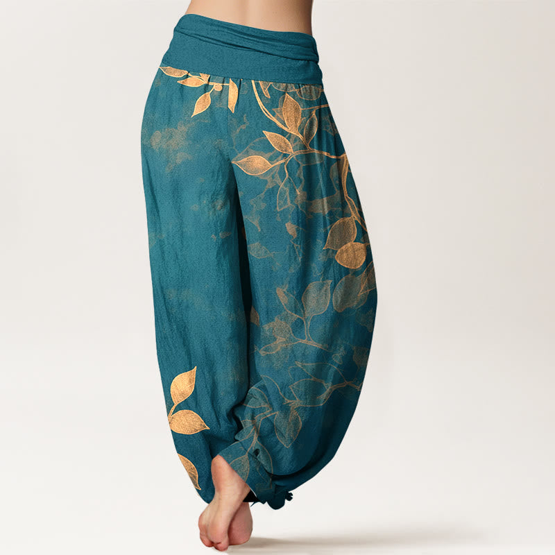Buddha Stones Pure Cotton Softly Colored Leaves Pattern Women's Elastic Waist Harem Pants - image 9
