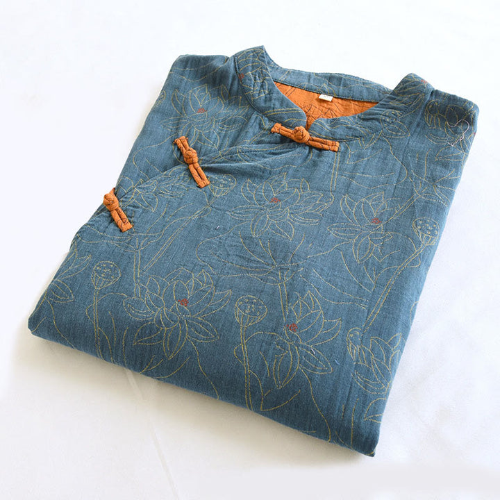 Buddha Stones Jacquard Flowers Pattern Frog-Button Stand Collar Long Sleeve Cotton Midi Dress - image 2