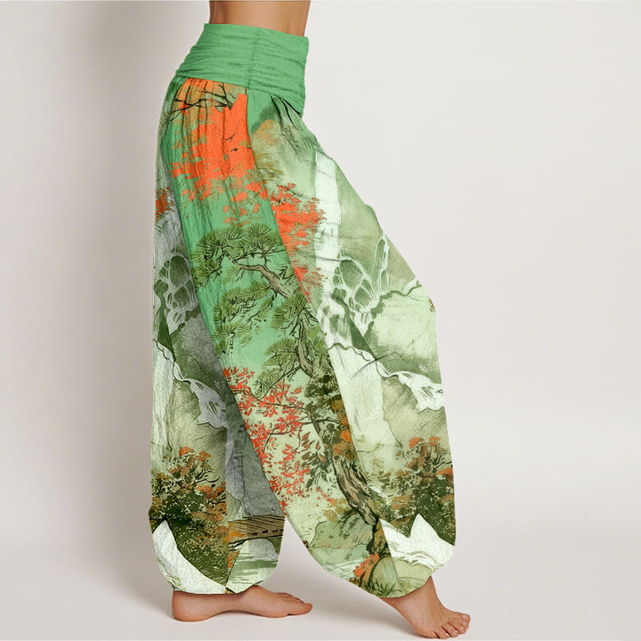 Buddha Stones Pure Cotton Color Coordinated Landscape Tree Pattern Women's Elastic Waist Harem Pants - image 1