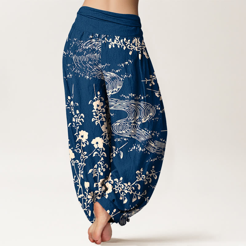 Buddha Stones Pure Cotton Simple Flowers Stream Pattern Women's Elastic Waist Harem Pants - image 1