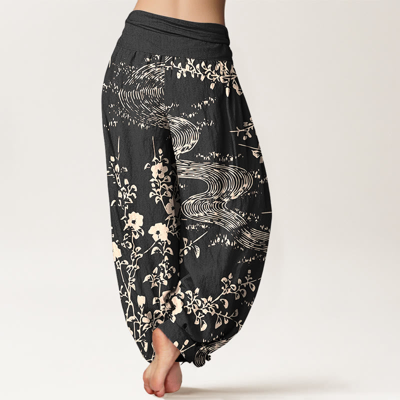 Buddha Stones Pure Cotton Simple Flowers Stream Pattern Women's Elastic Waist Harem Pants - image 6