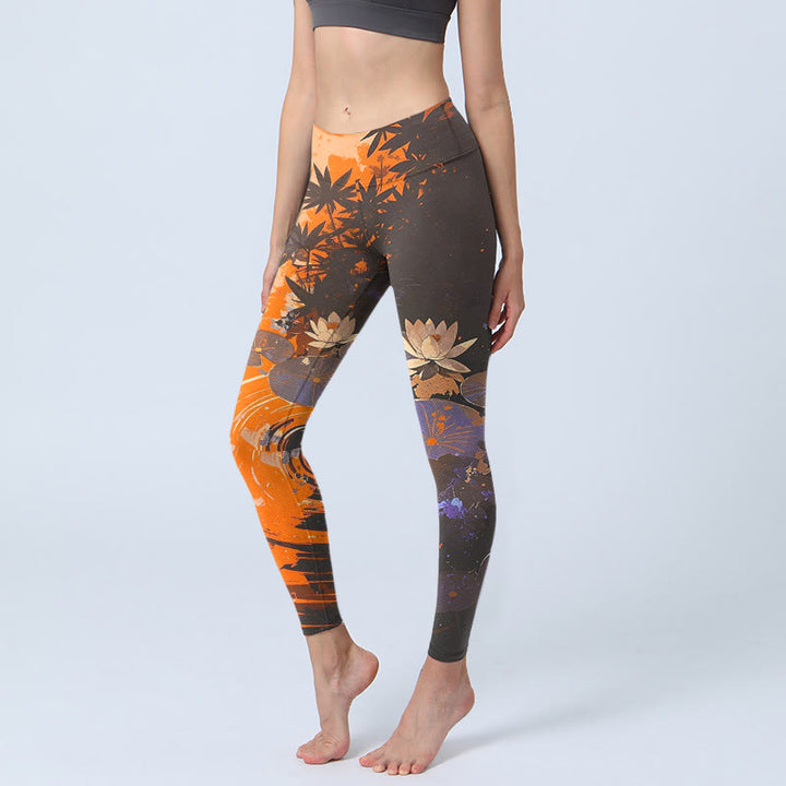 Buddha Stones Lotus Flowers Leaves Water Ripples Pattern Print Gym Leggings Women's Yoga Pants - Orange - US18，UK/AU22，EU50 (4XL) - image 0