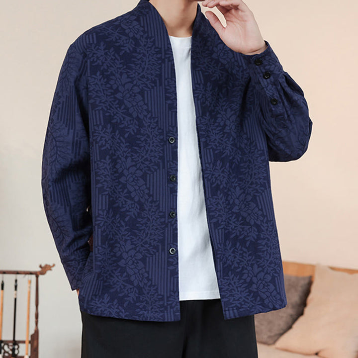 Buddha Stones Fall Jacquard Plants Flower Pattern Long Sleeve Men's Cotton Kimono - image 3