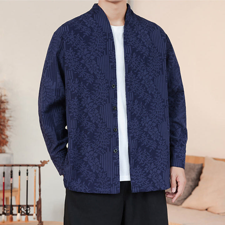 Buddha Stones Fall Jacquard Plants Flower Pattern Long Sleeve Men's Cotton Kimono - image 2