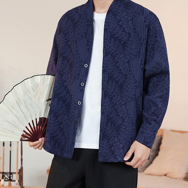 Buddha Stones Fall Jacquard Plants Flower Pattern Long Sleeve Men's Cotton Kimono - image 0