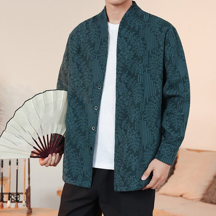 Buddha Stones Fall Jacquard Plants Flower Pattern Long Sleeve Men's Cotton Kimono - DarkCyan - US/UK/AU44，EU54 (4XL) - image 21
