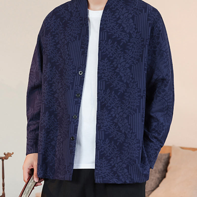 Buddha Stones Fall Jacquard Plants Flower Pattern Long Sleeve Men's Cotton Kimono - image 6