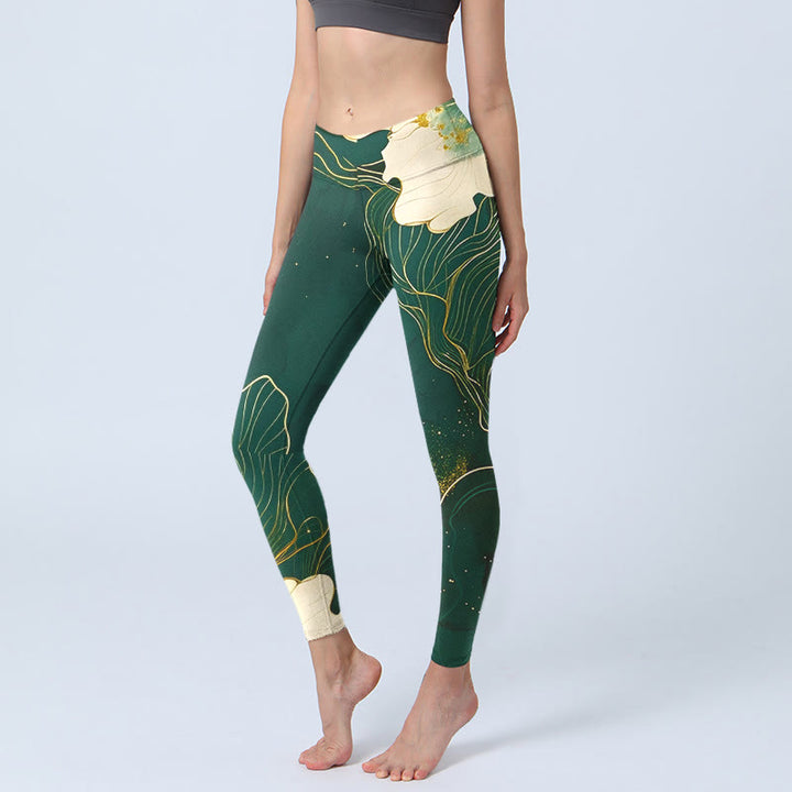 Buddha Stones Elegant Flowers Pattern Print Gym Leggings Women's Yoga Pants - DarkGreen - US18，UK/AU22，EU50 (4XL) - image 0