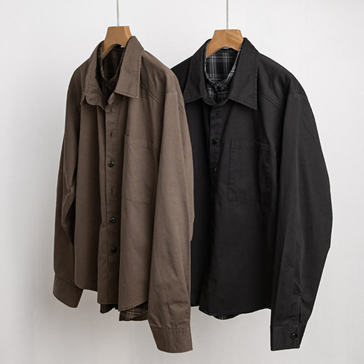 Buddha Stones Spring Plaid Pattern Fake Two-piece Long Sleeve Men's Cotton Jacket With Pocket - image 20