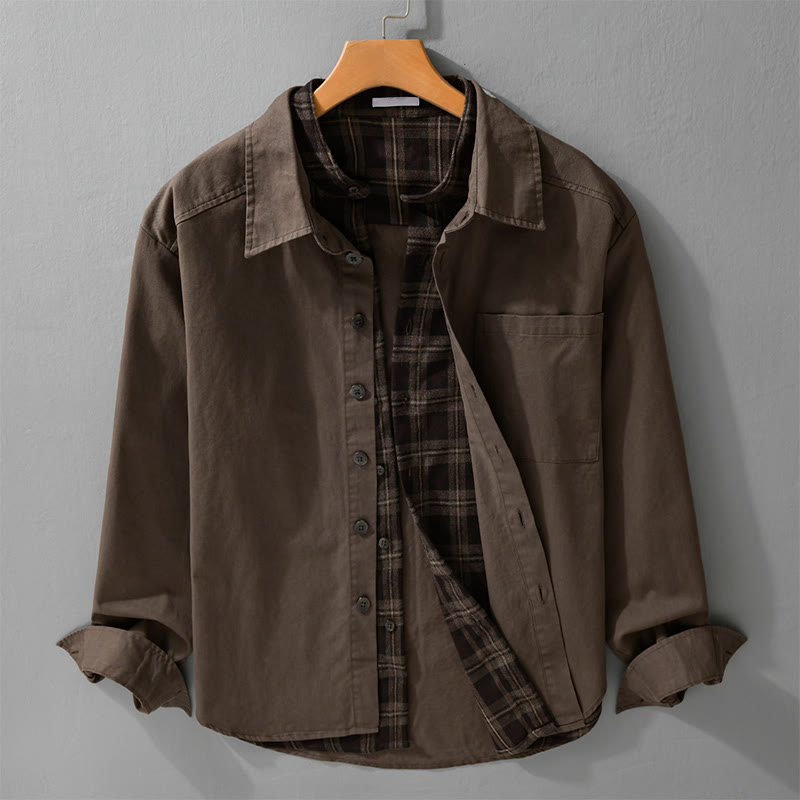 Buddha Stones Spring Plaid Pattern Fake Two-piece Long Sleeve Men's Cotton Jacket With Pocket - SaddleBrown - US/UK/AU42，EU52 (3XL) - image 10