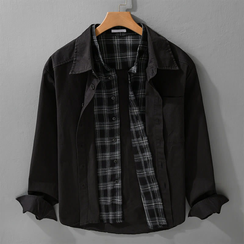 Buddha Stones Spring Plaid Pattern Fake Two-piece Long Sleeve Men's Cotton Jacket With Pocket - Black - US/UK/AU42，EU52 (3XL) - image 0