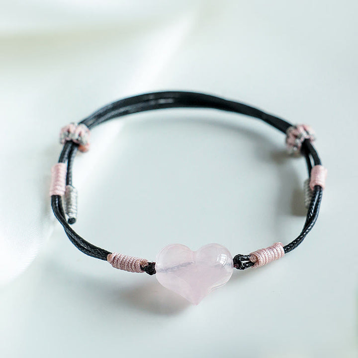 Buddha Stones Natural Heart Charm Pink Crystal Braided String Warmth Bracelet - image 7