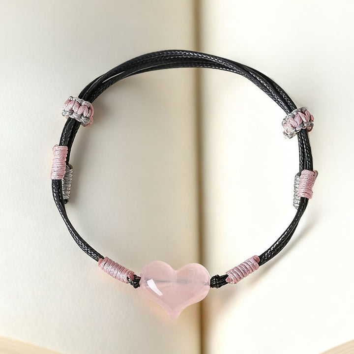 Buddha Stones Natural Heart Charm Pink Crystal Braided String Warmth Bracelet - image 3