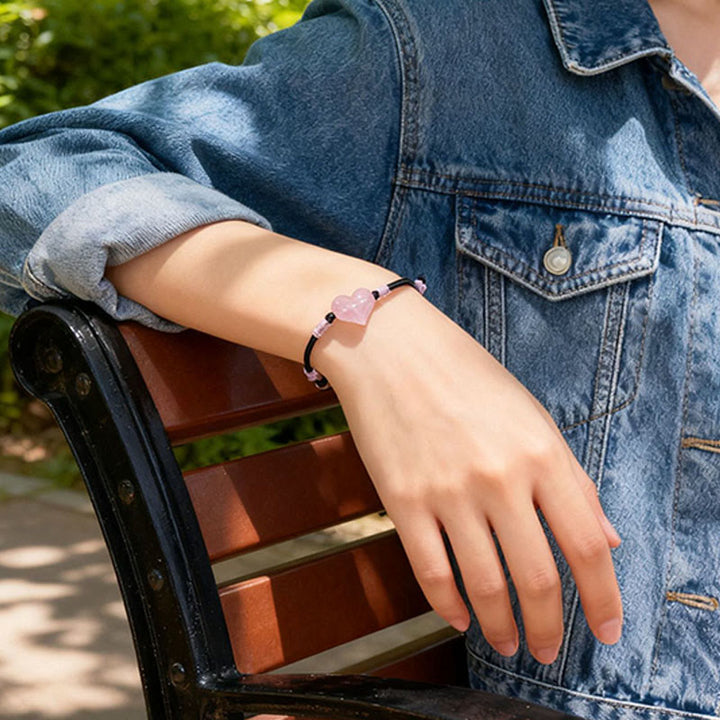 Buddha Stones Natural Heart Charm Pink Crystal Braided String Warmth Bracelet - image 9