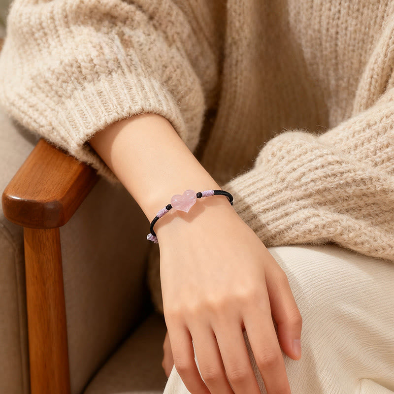Buddha Stones Natural Heart Charm Pink Crystal Braided String Warmth Bracelet - image 10