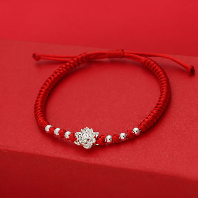 Buddha Stones 999 Sterling Silver Lotus Symbol 990 Sterling Silver Bead Red String Luck Bracelet - image 2