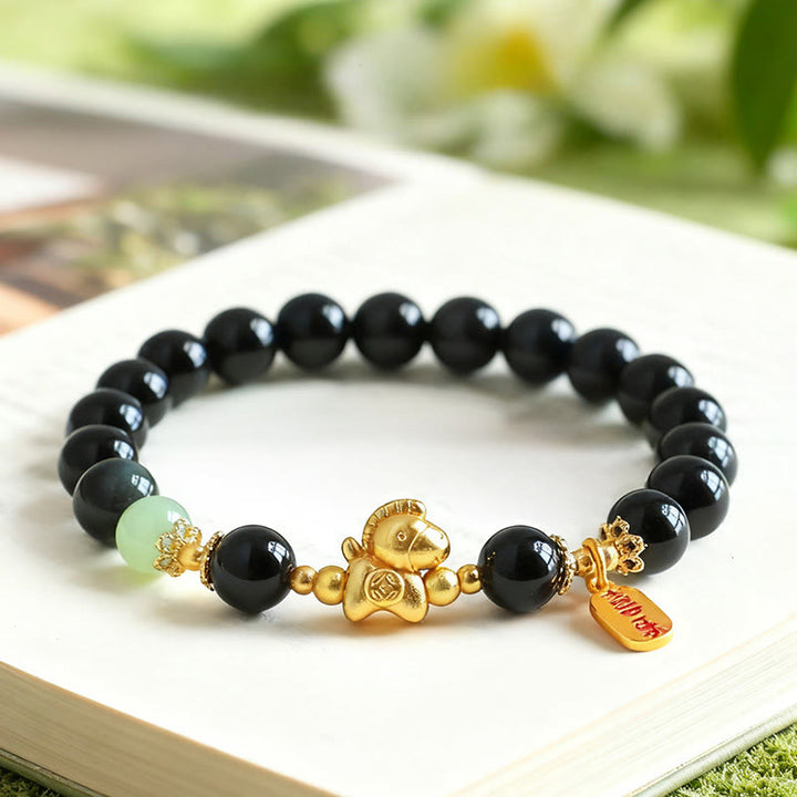Buddha Stones Year Of The Horse Hetian Jade Black Obsidian Red Agate Strength Bracelet - image 1