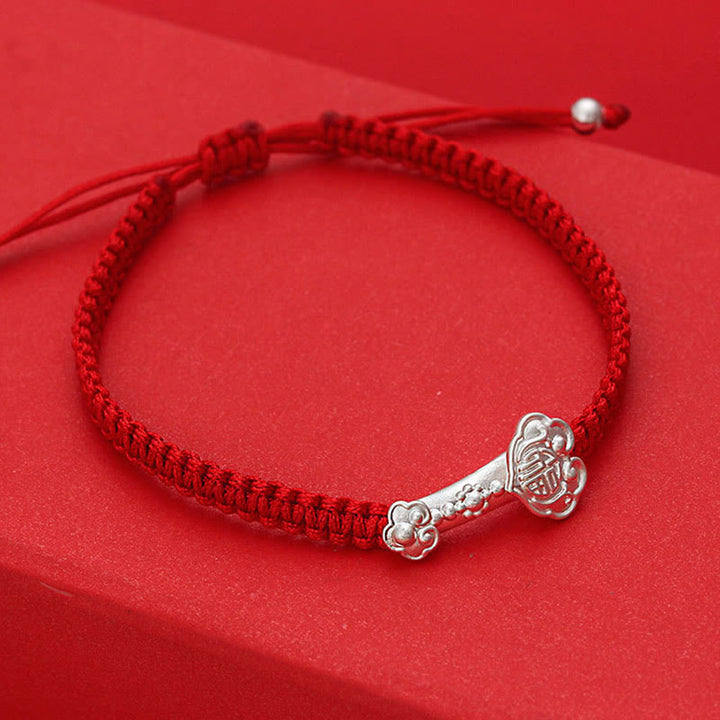 Buddha Stones 999 Sterling Silver Ruyi Fu Character Luck Red String Connection Braided Bracelet - image 3