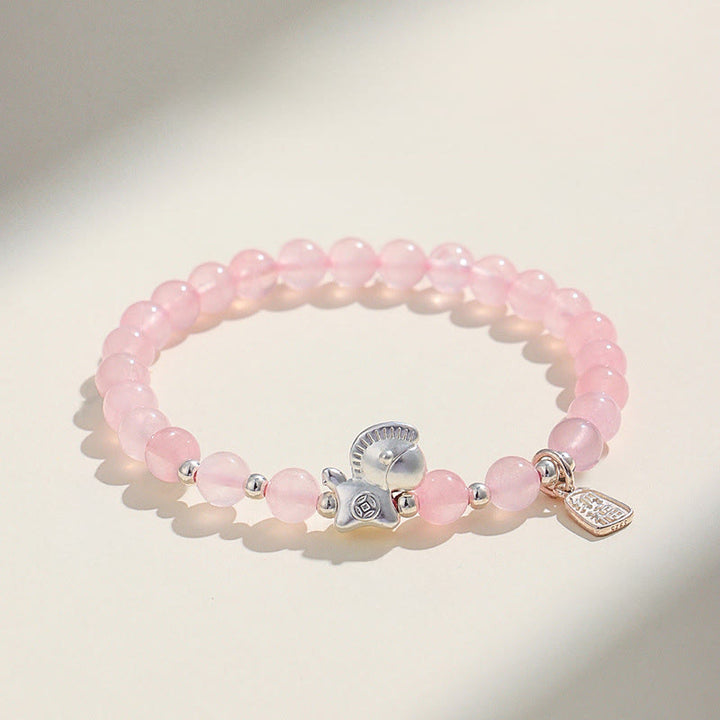 Buddha Stones Year Of The Horse Black Obsidian Red Agate Pink Crystal Silver Fulfilment Bracelet - Pink Crystal(Wrist Circumference:14-15cm) - image 9