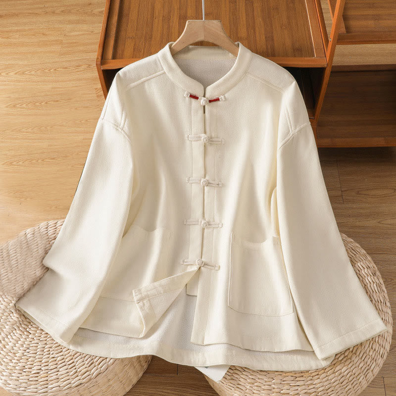 Buddha Stones Winter Frog-button Long Sleeve Cotton Fleece Lined Women's Thermal Jacket With Pockets - FloralWhite - US8-10，UK/AU12-14，EU40-42 (2XL) - image 1