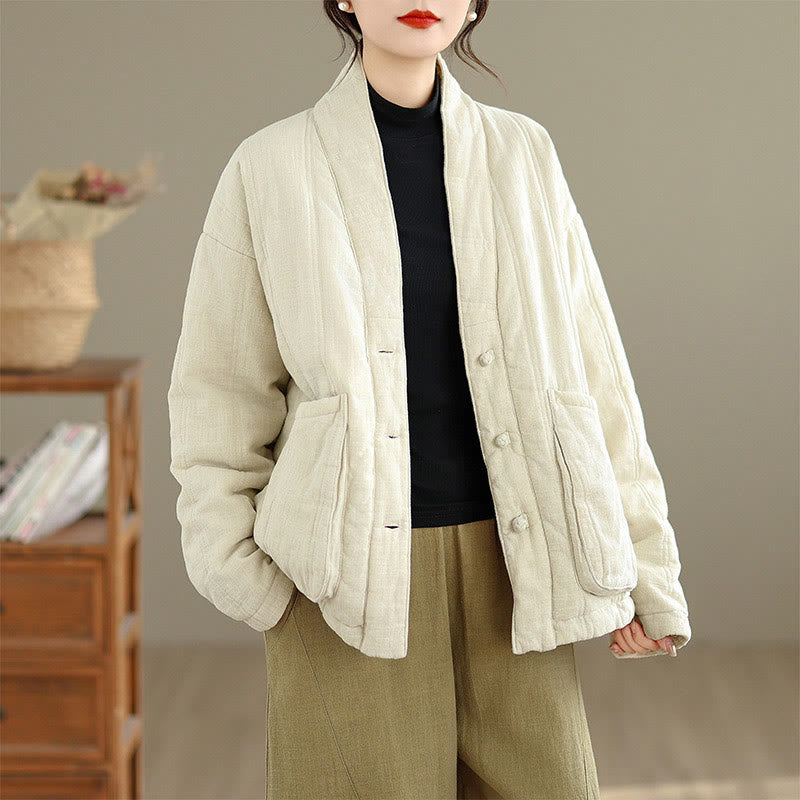 Buddha Stones Winter Solid Long Sleeve Cotton Women's Thermal Jacket With Pockets - image 4