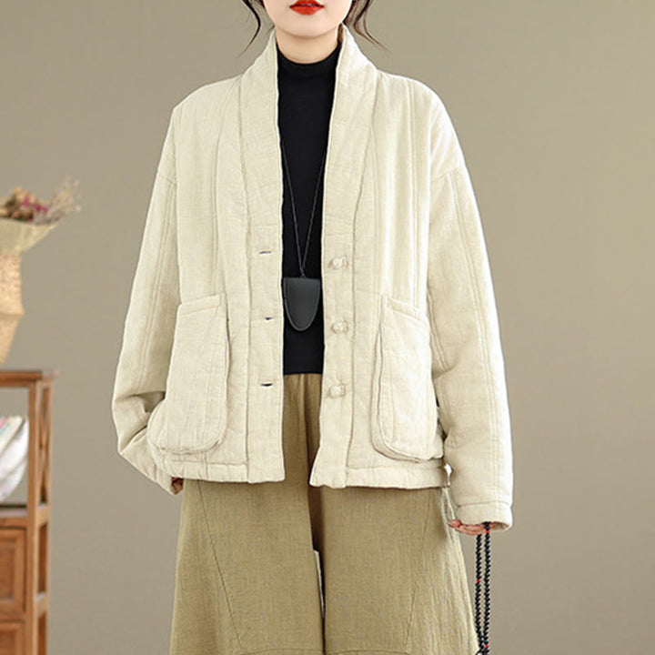 Buddha Stones Winter Solid Long Sleeve Cotton Women's Thermal Jacket With Pockets - image 5