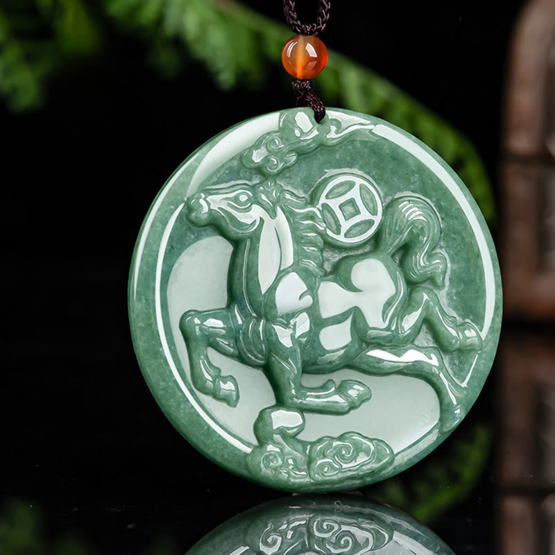 Buddha Stones Year Of The Horse Jade Abundance Luck Necklace Pendants - image 2
