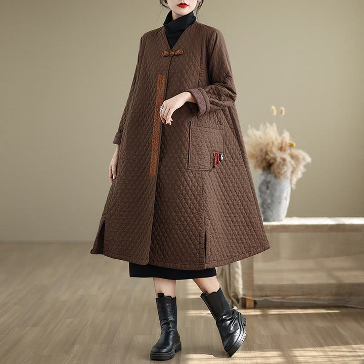 Buddha Stones Diamond Pattern Mid-length Women's Cotton Coat With Pockets - SaddleBrown - US14，UK/AU18，EU46 (2XL) - image 9