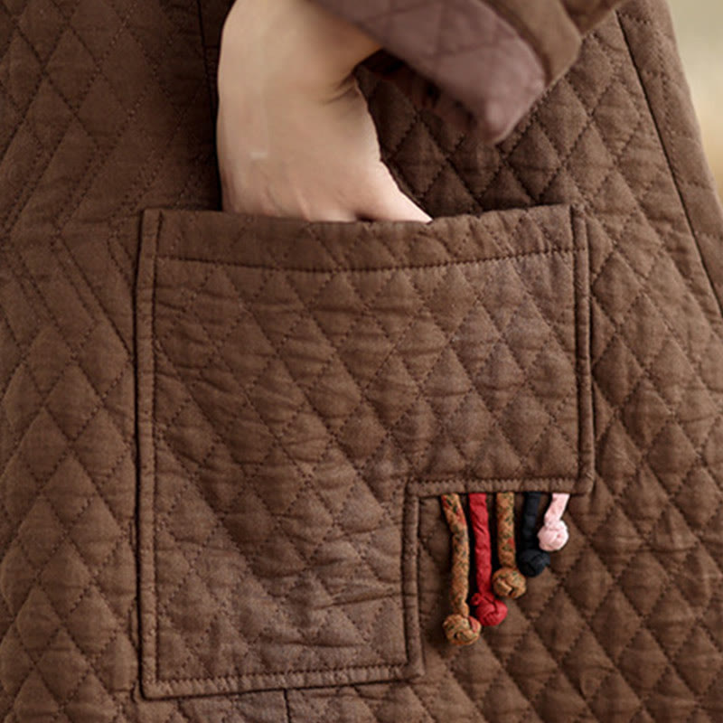 Buddha Stones Diamond Pattern Mid-length Women's Cotton Coat With Pockets - image 19